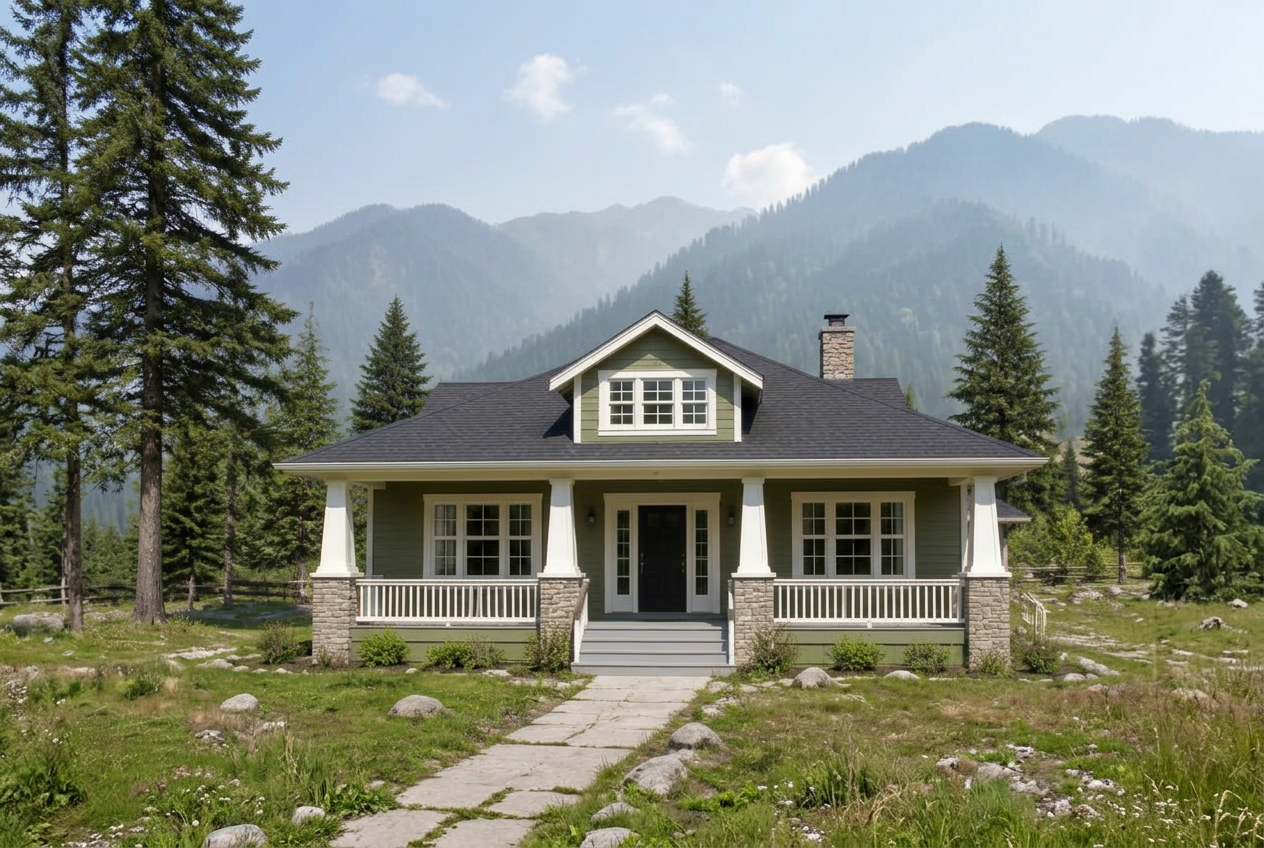 Front elevation of a green timber cottage in Kashmir