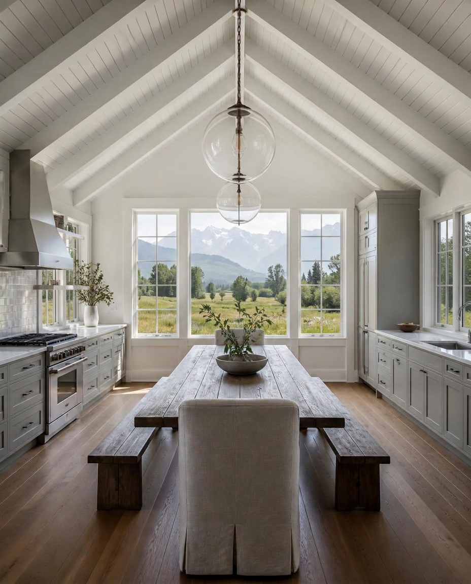 Vaulted white dining room overlooking a Kashmir meadow