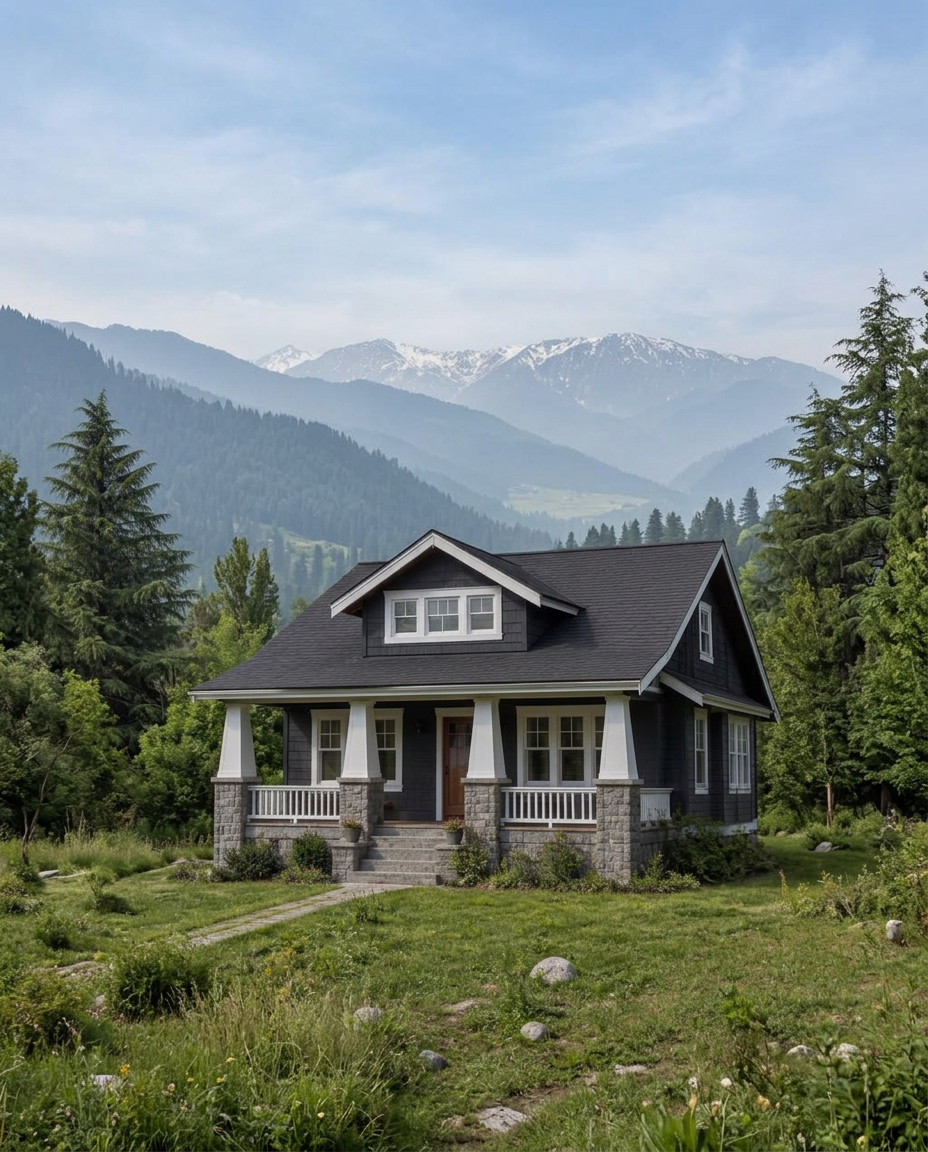 Charcoal timber cottage with a deep front porch beneath Kashmir mountains