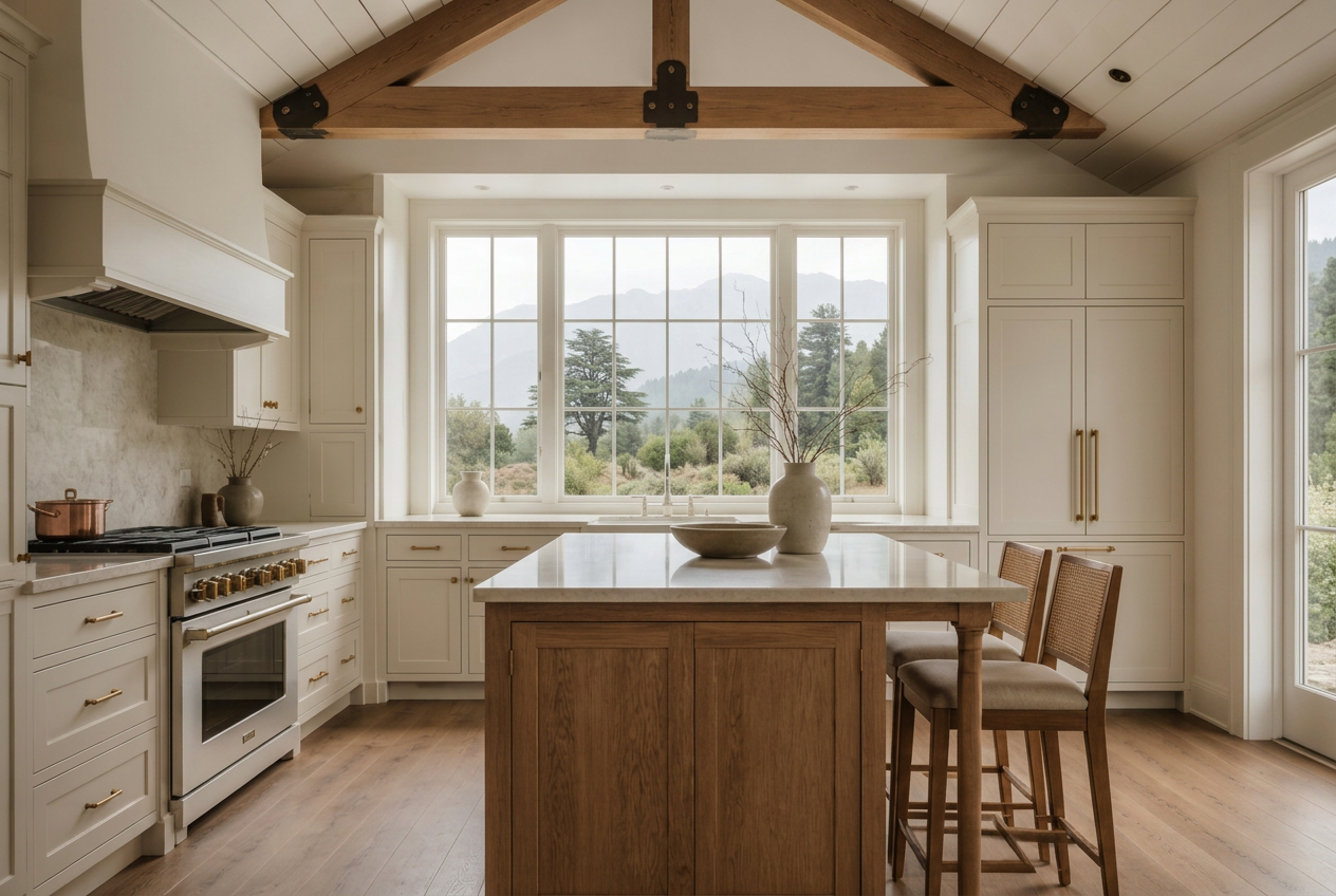 Light cottage kitchen with a timber truss and Kashmir mountain view