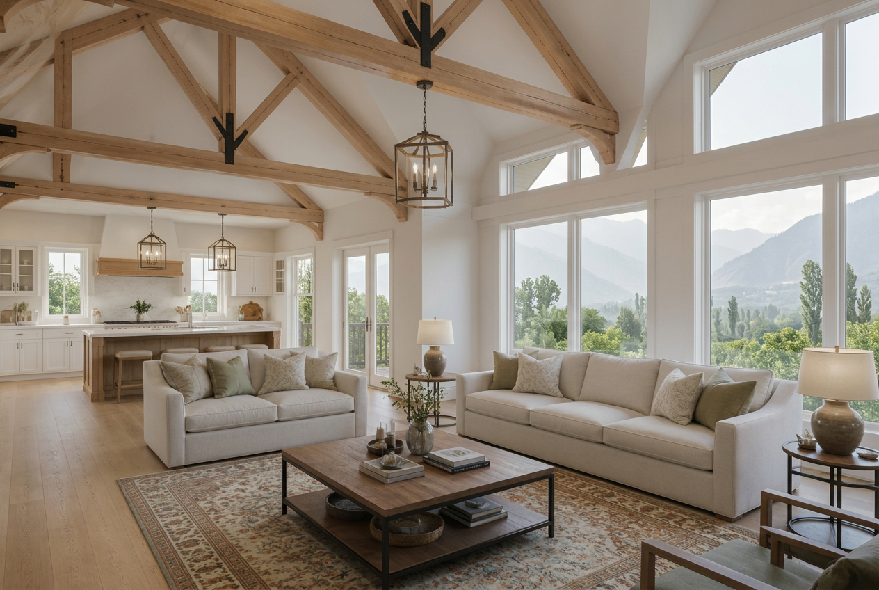 Bright vaulted living room with exposed oak trusses and views of Kashmir