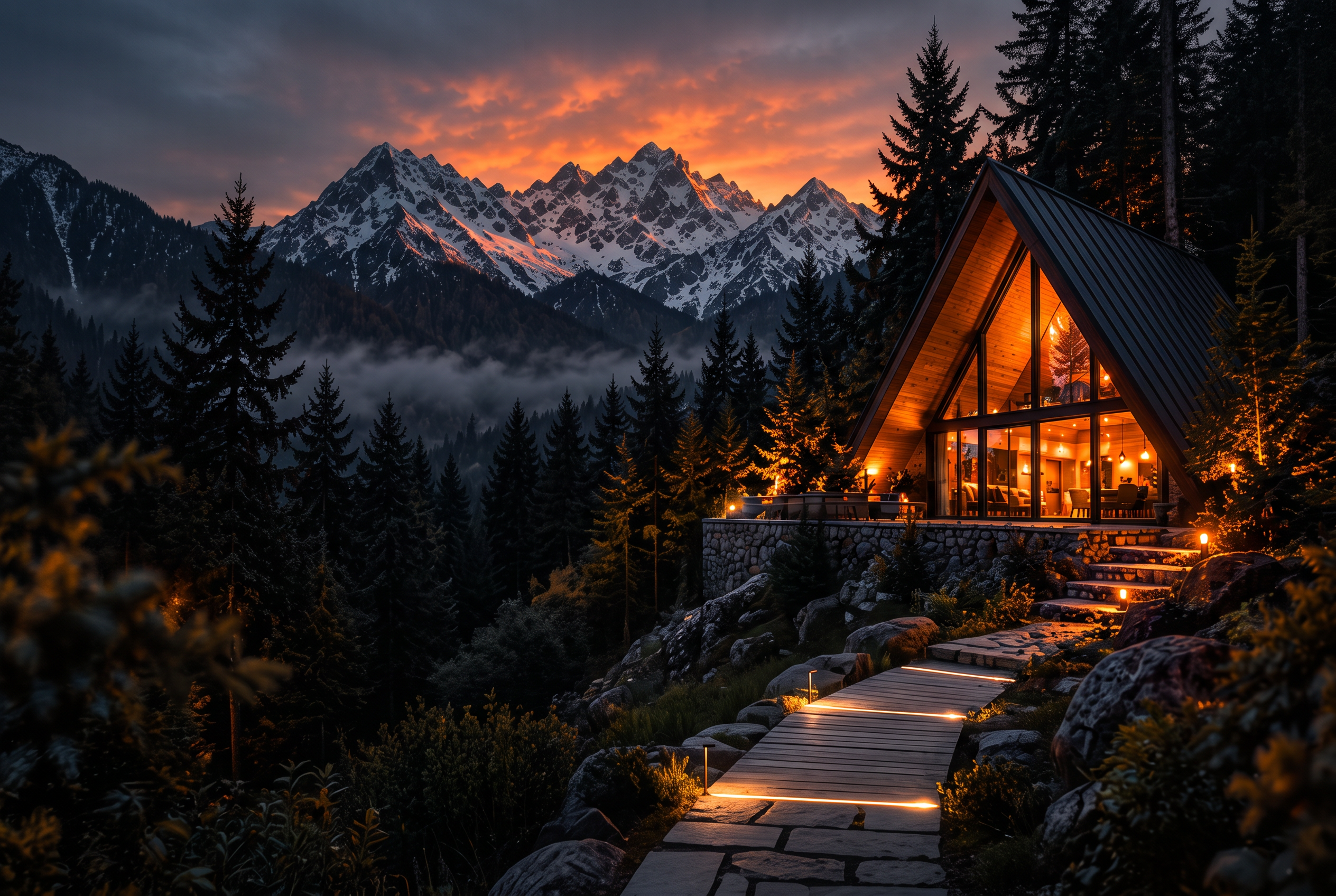 A warmly illuminated mountain hospitality cottage in a Kashmir landscape at dusk